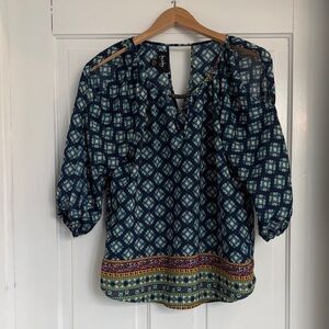 Boho Print Navy Peasant Cold Shoulder Blouse - Women's Size Small